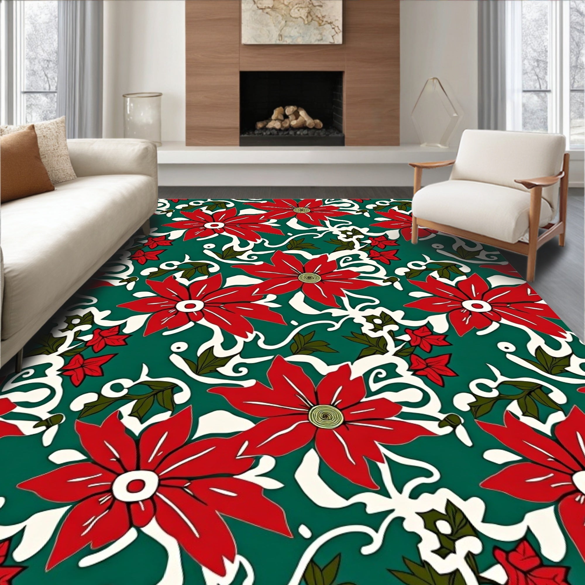 Vibrant Red Poinsettia Swirl Background Rug