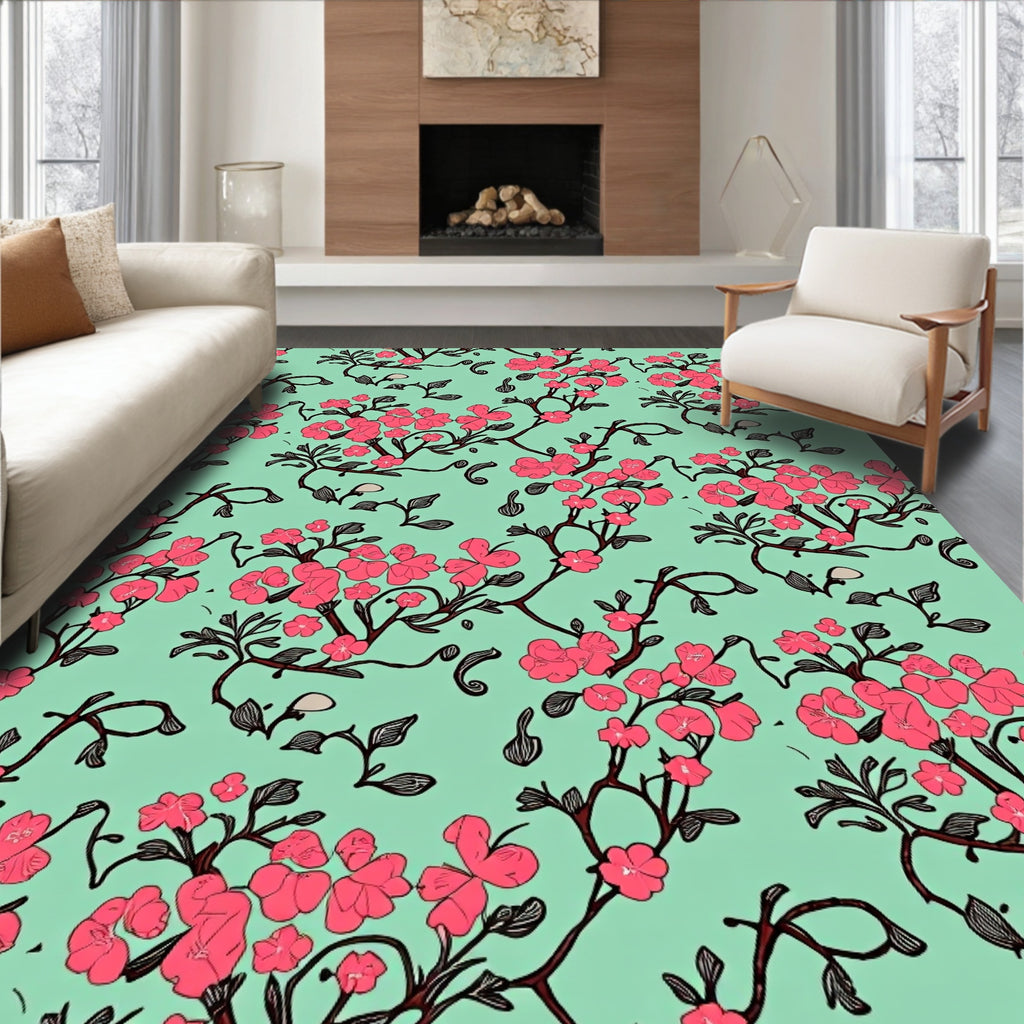 Pink Blossom Branches on Mint Background Rug