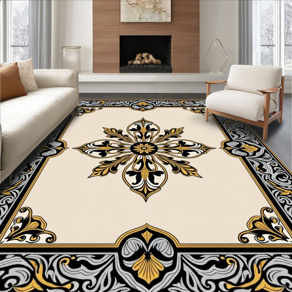 Ornate Gold Black Floral Border Tapestry Rug