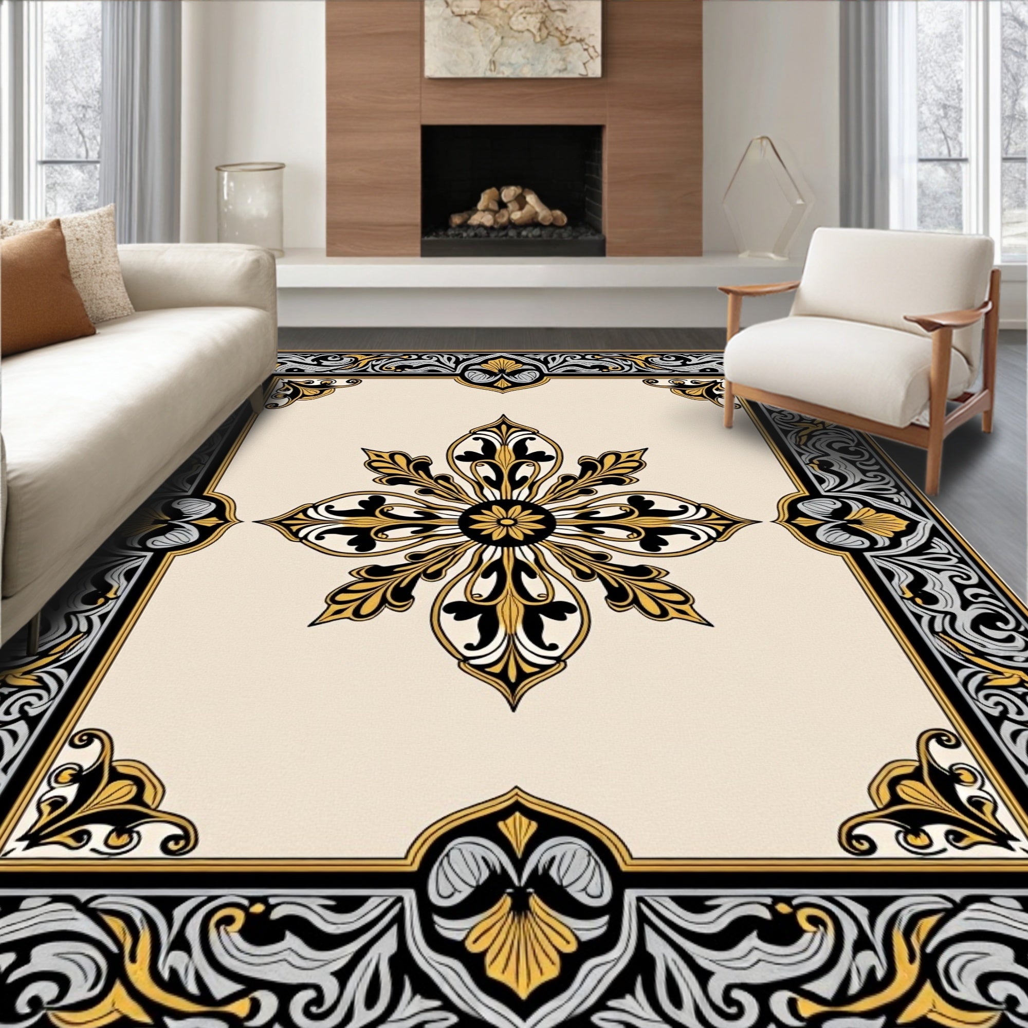 Ornate Gold Black Floral Border Tapestry Rug