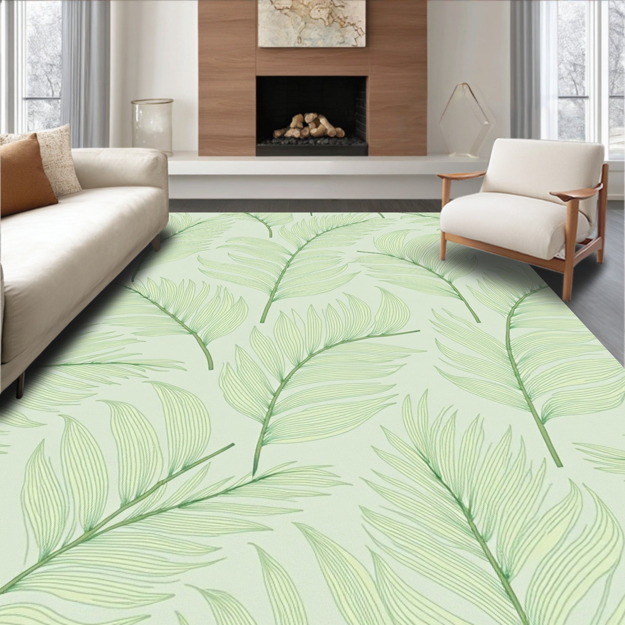 Soft Green Feathered Leafy Branches Rug