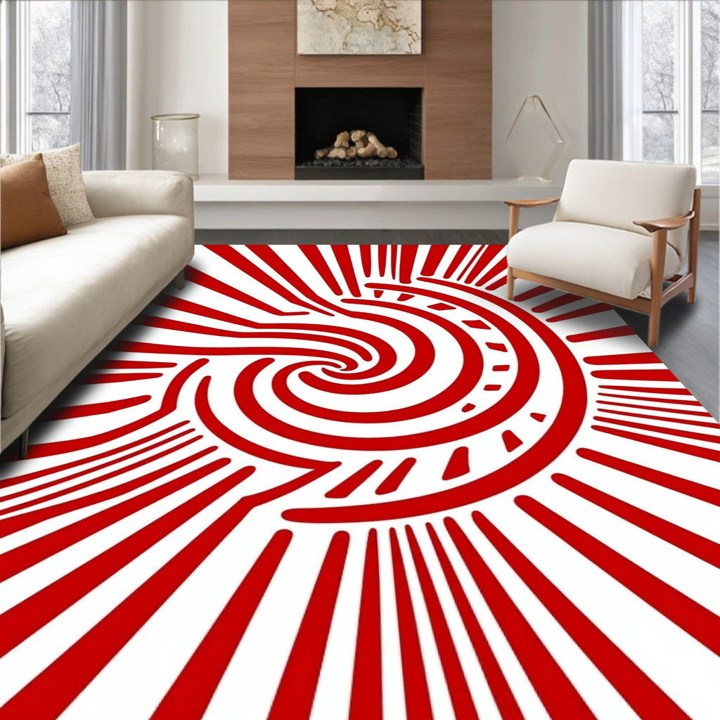 Bold Crimson Swirl Sunburst Rug