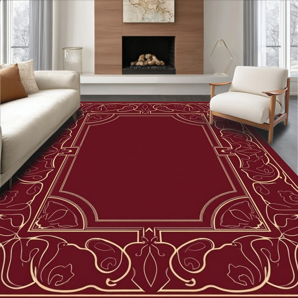 Crimson and Gold Floral Bordered Rug