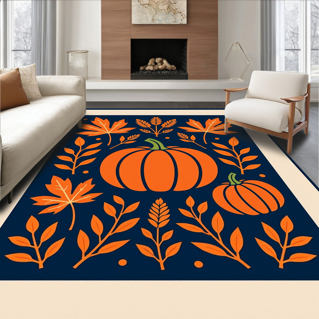 Orange Pumpkin Maple Leaf Harvest Assemblage Rug