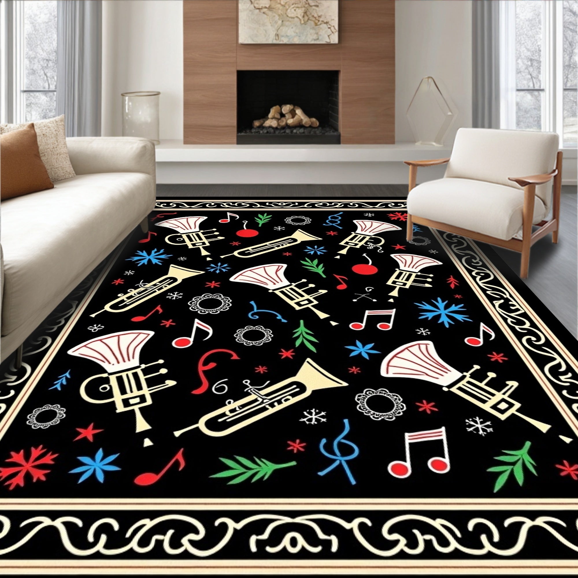 Festive Black Trumpet Music Notes Rug