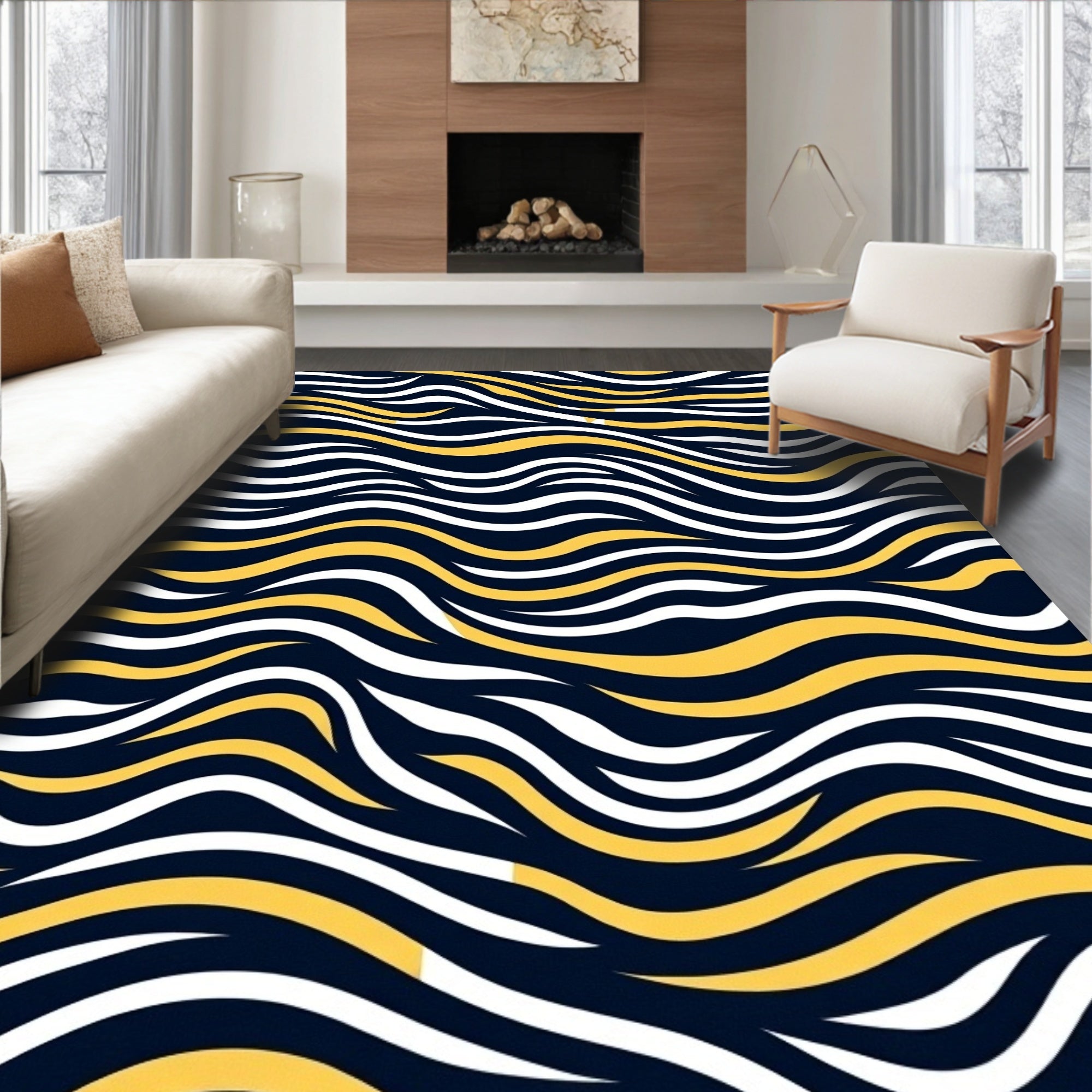 Navy Yellow White Wavy Stripes Rug