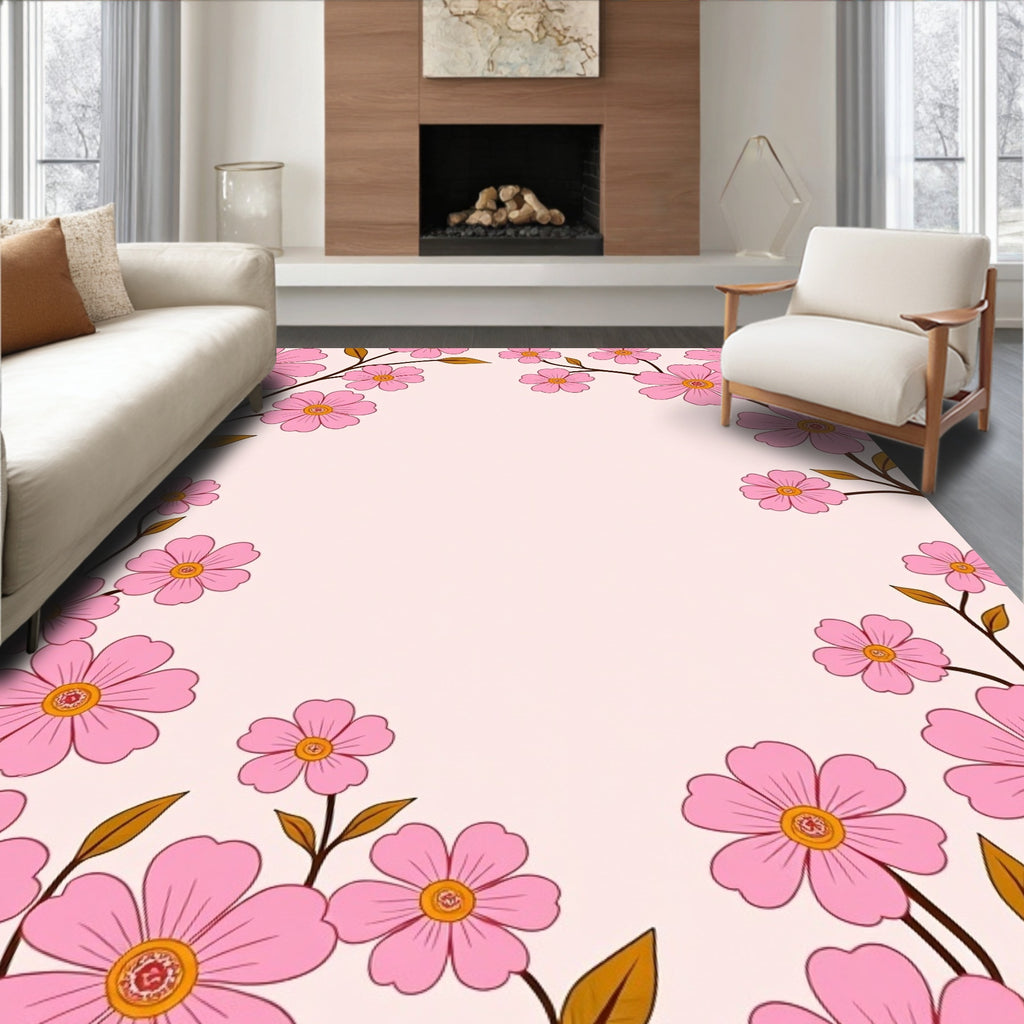 Soft Pink Floral Sprigs Border Rug