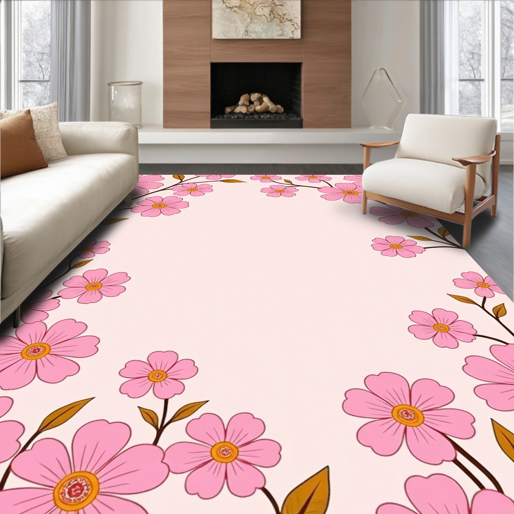 Soft Pink Floral Sprigs Border Rug