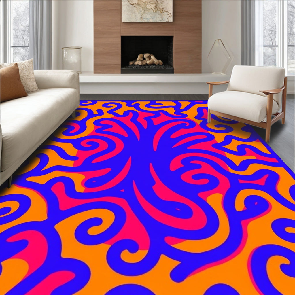 Vibrant Orange Blue Swirling Abstract Rug