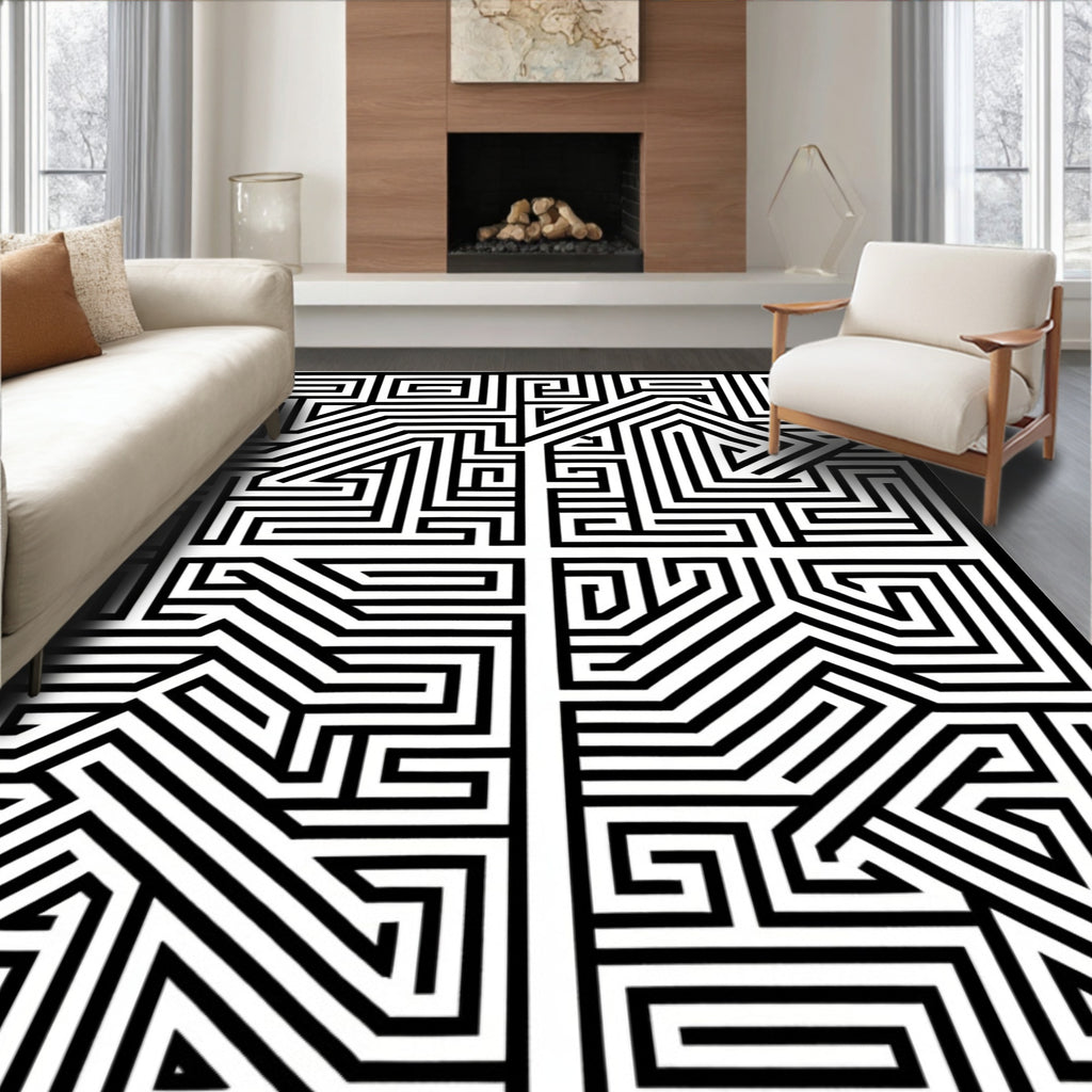 Bold Black and White Maze Rug