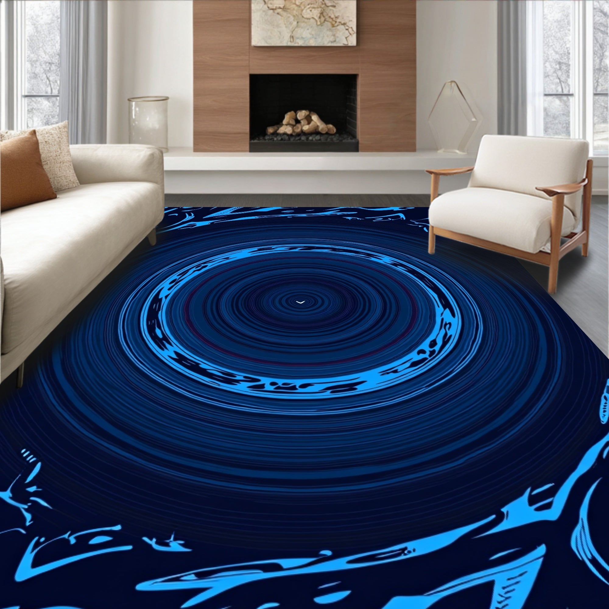 Deep Blue Swirling Circle Abstract Rug