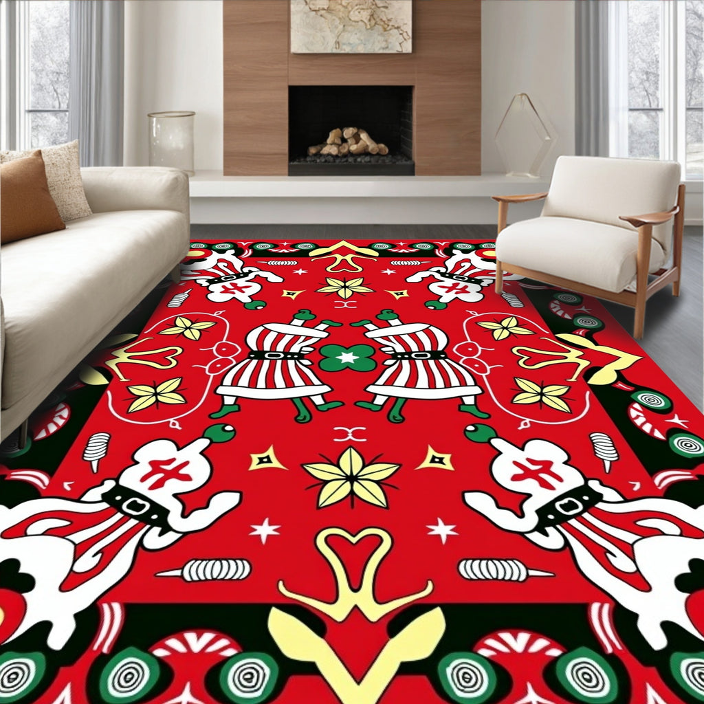 Joyful Red Folk Art Figures Rug
