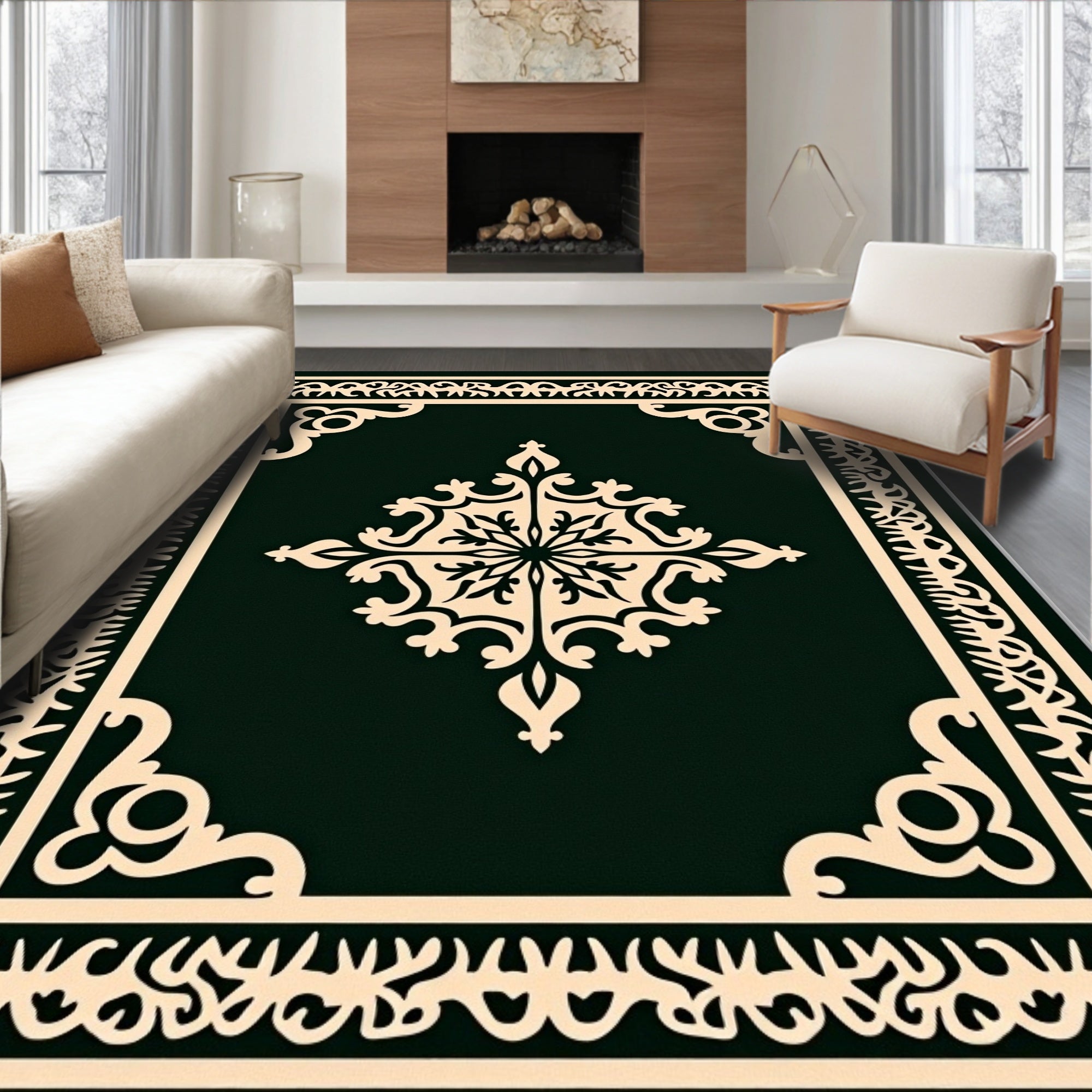 Elegant Ivory Cream Medallion Border Rug