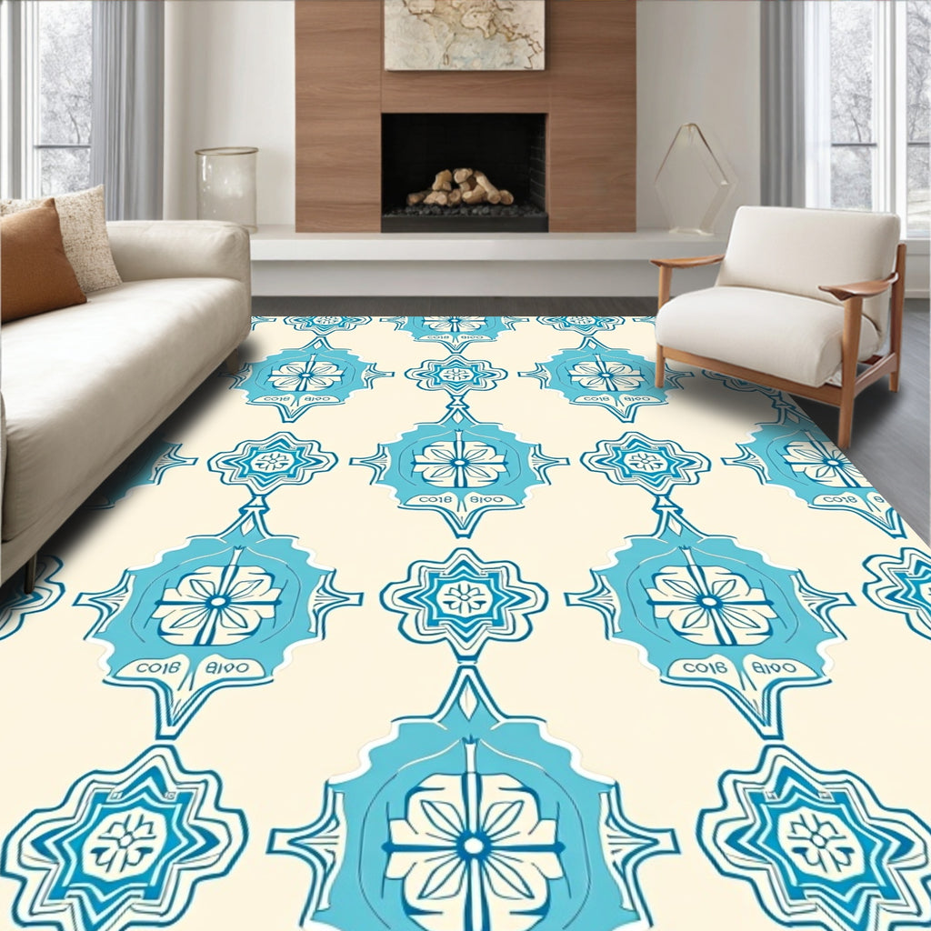 Turquoise Floral Medallion Cream Rug