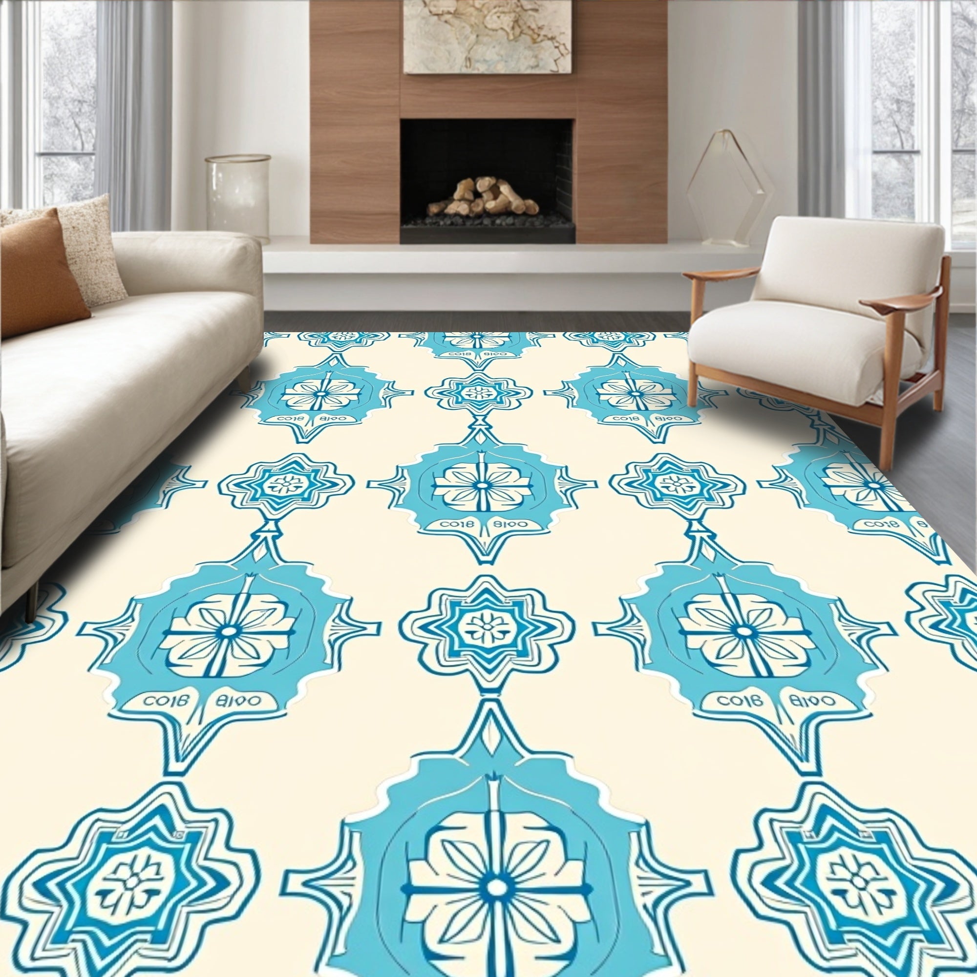 Turquoise Floral Medallion Cream Rug