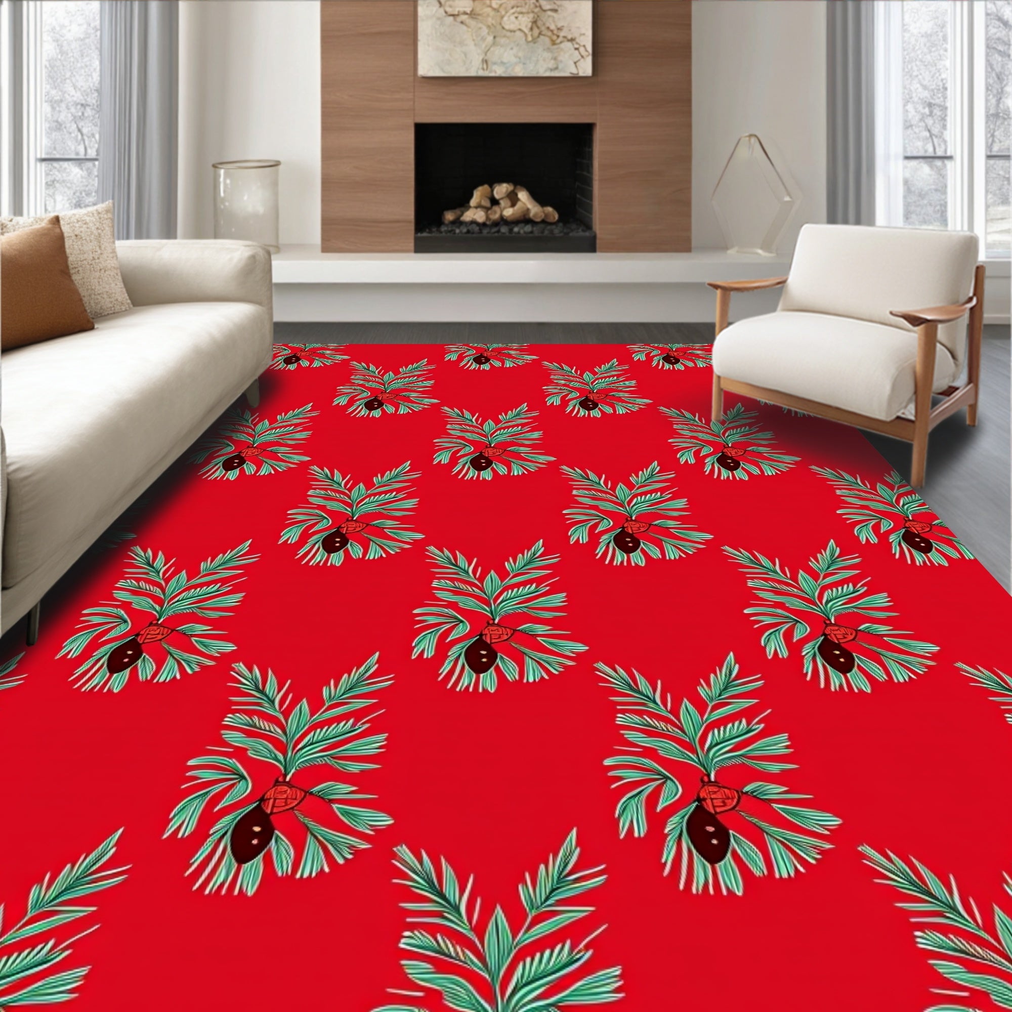 Red Tropical Palm Frond Medallion Rug