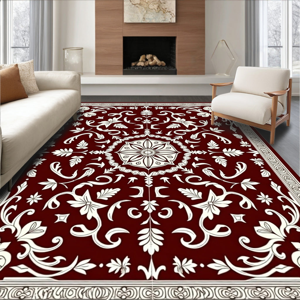 Crimson Ivory Floral Scroll Medallion Rug