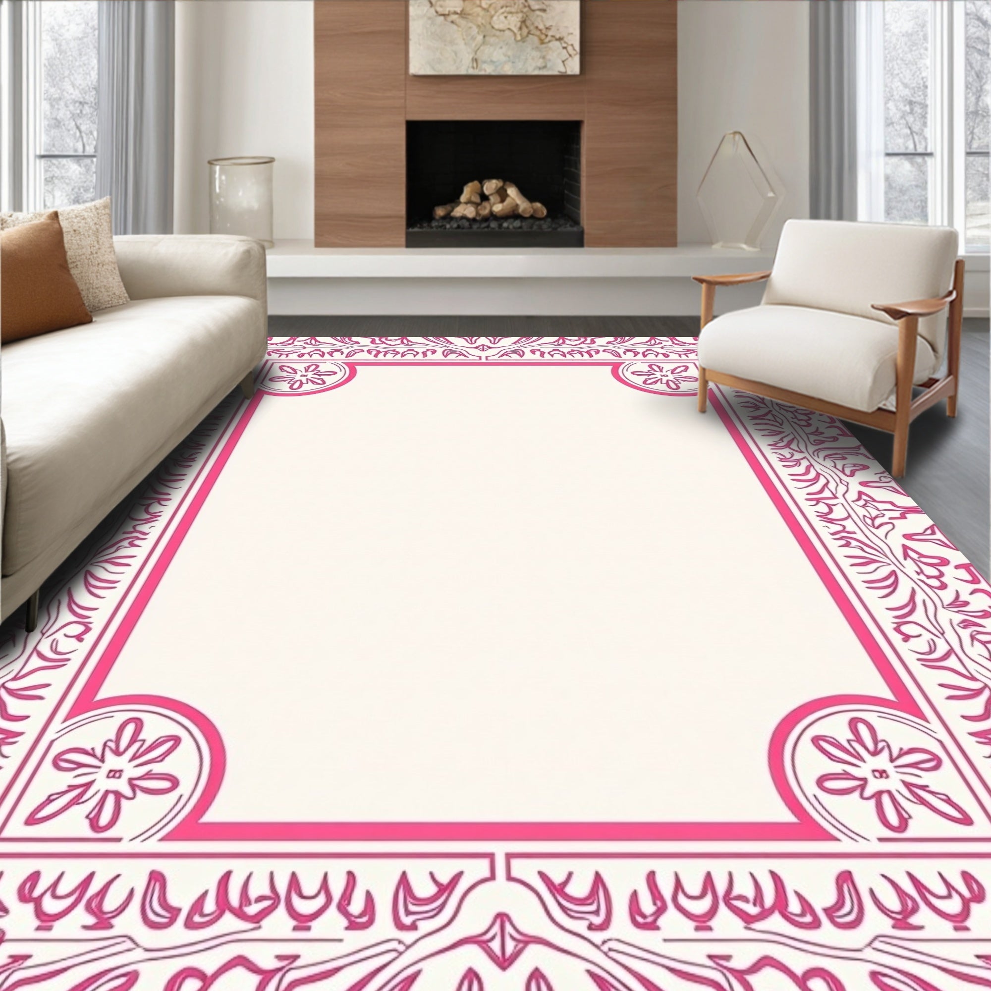 Ornate Pink Floral Border Rug