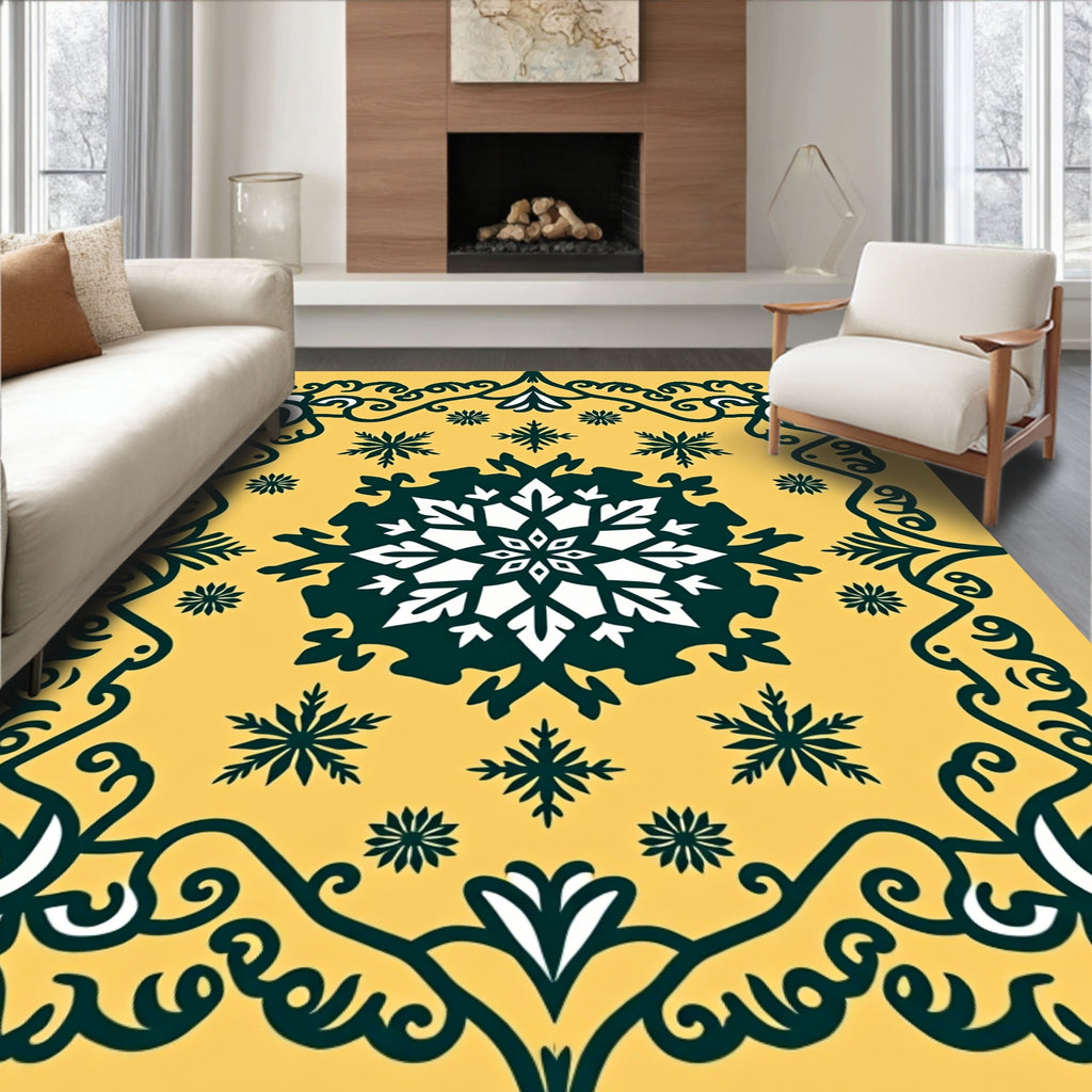 Golden Yellow Snowflake Medallion Border Rug