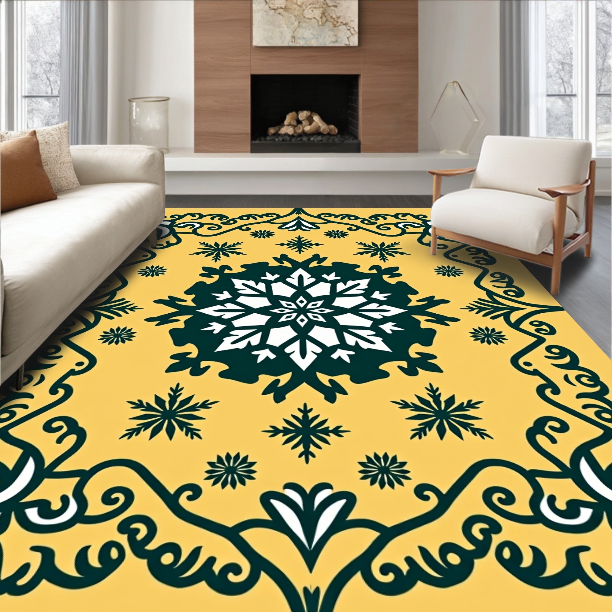 Golden Yellow Snowflake Medallion Border Rug