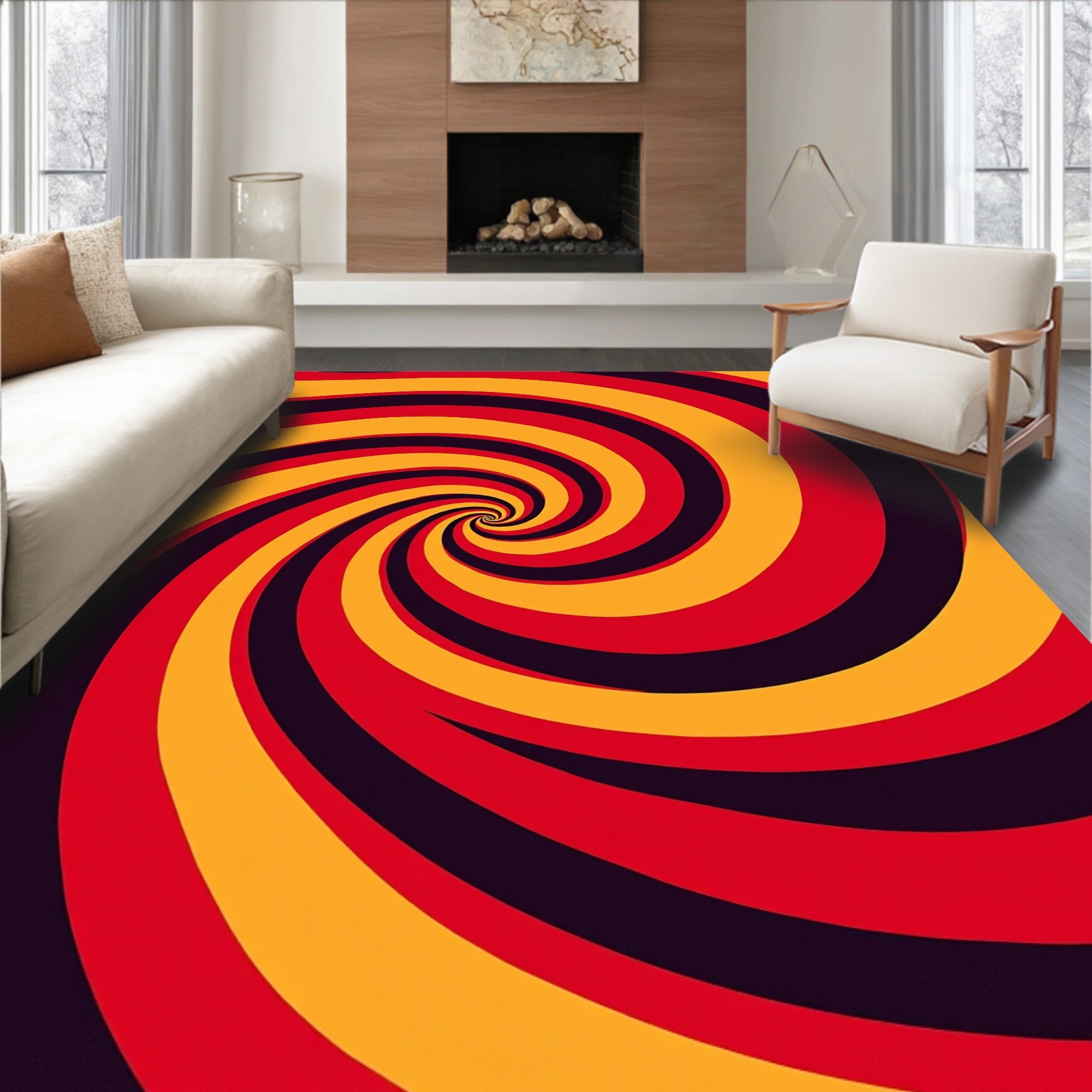 Vibrant Red Yellow Swirl Illusion Rug