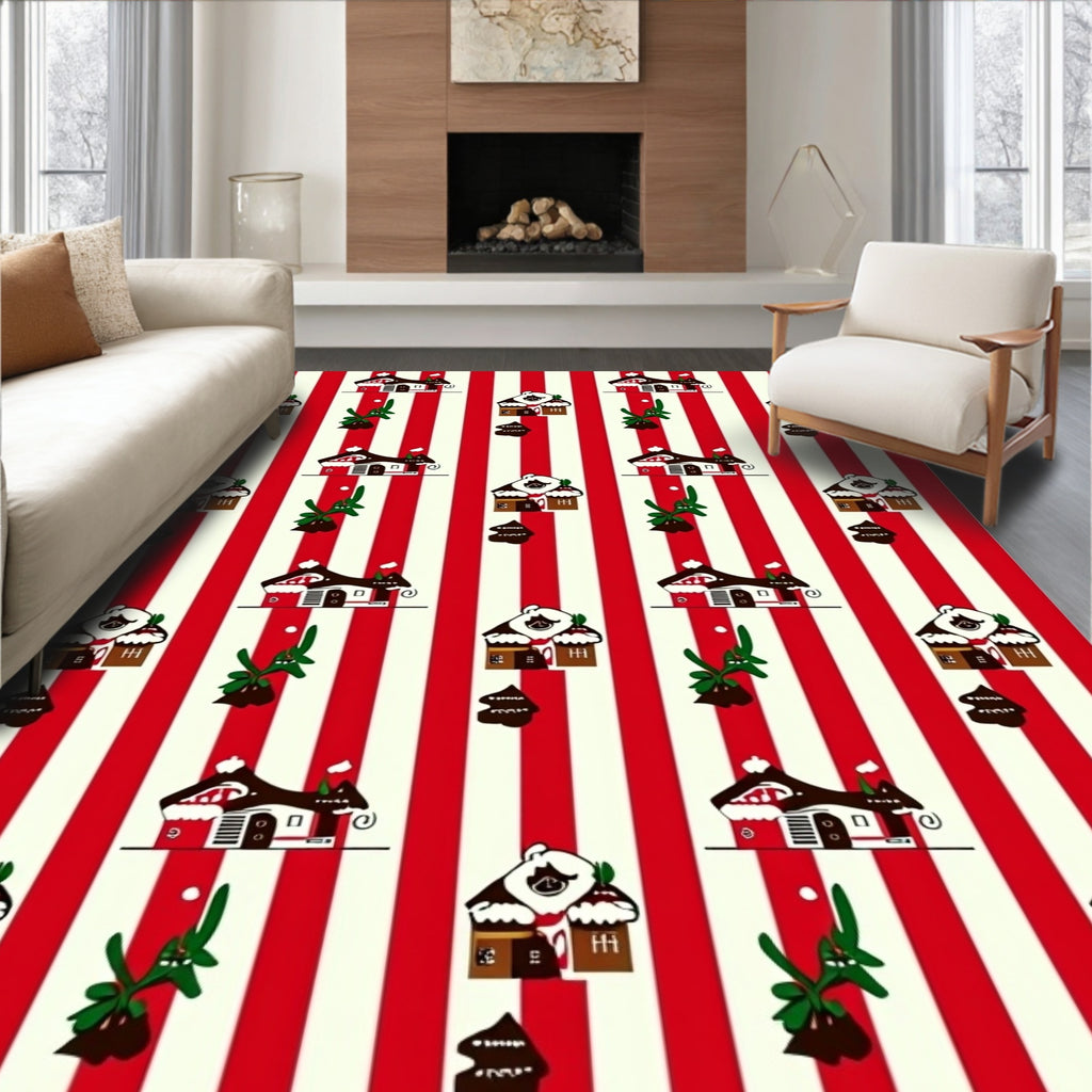 Red White Striped Gingerbread Houses Rug