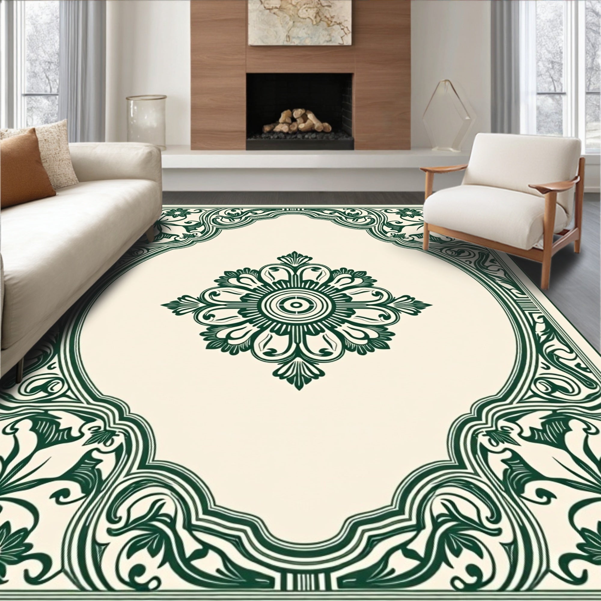 Forest Green Floral Medallion Border Rug