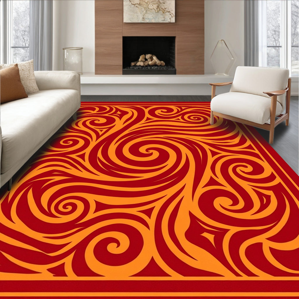 Crimson and Gold Swirling Abstract Rug