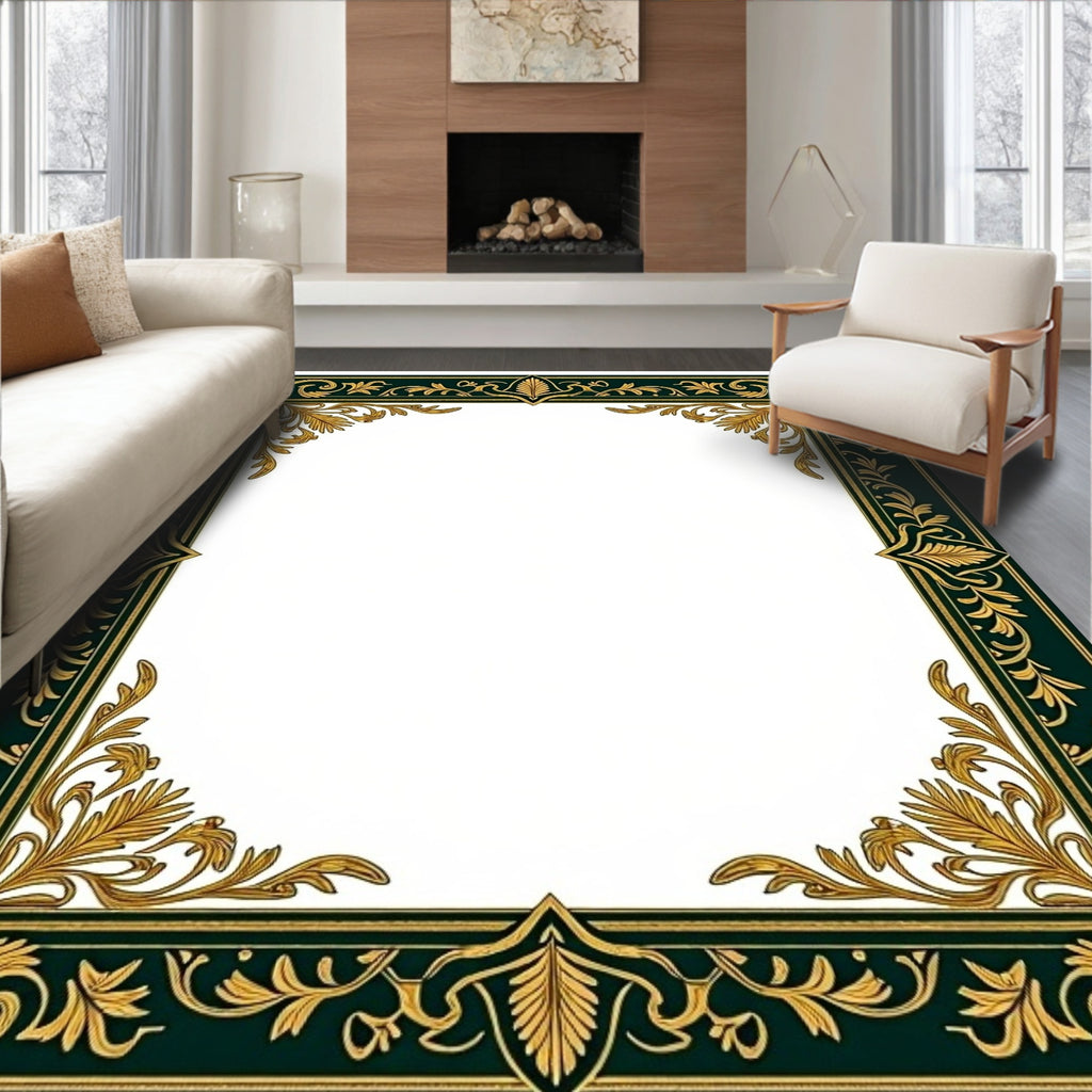 Ornate Emerald Gold Leaf Border Rug
