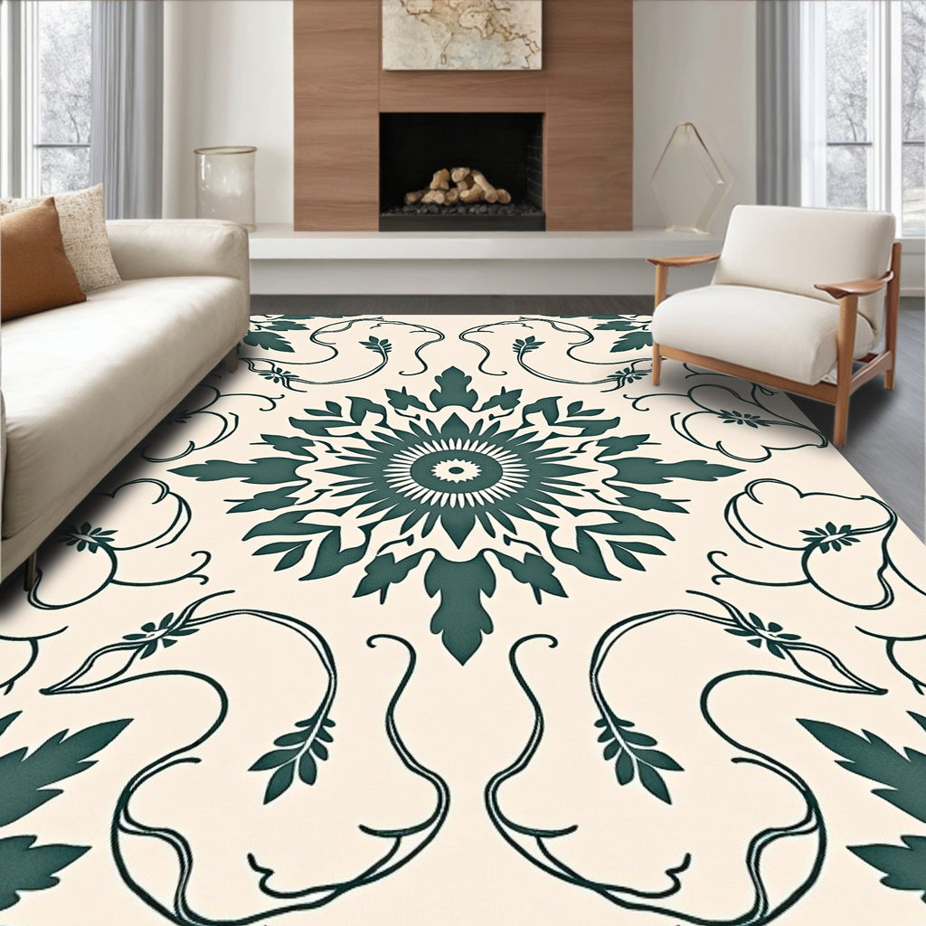 Jade Green Floral Medallion Ivory Rug