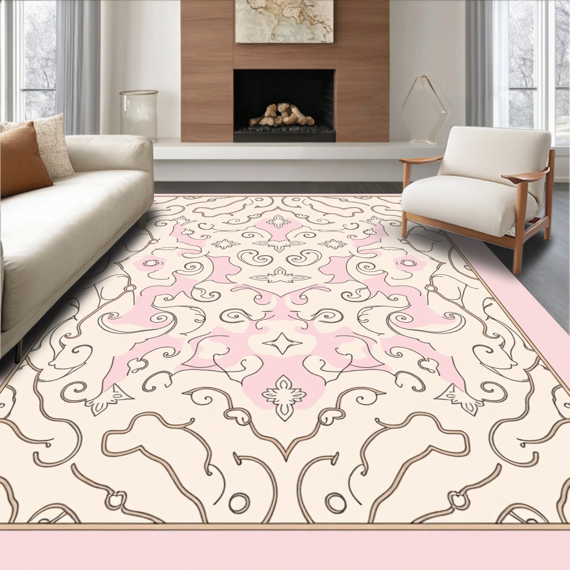 Pale Pink Scrollwork Medallion Rug