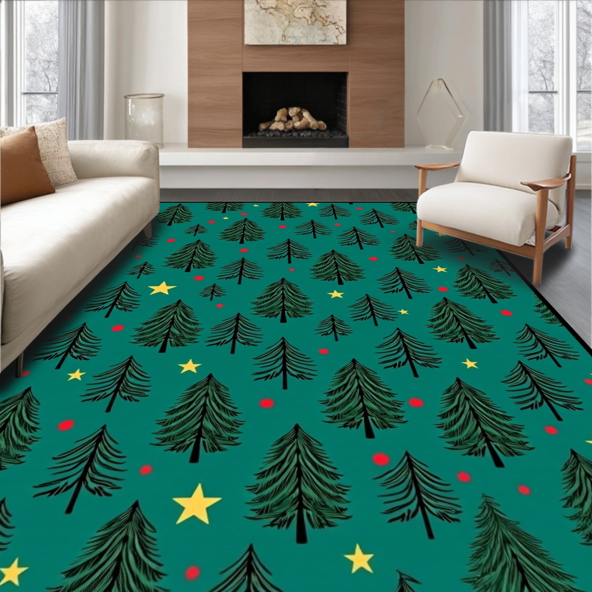 Evergreen Trees Red Dots Yellow Stars Rug