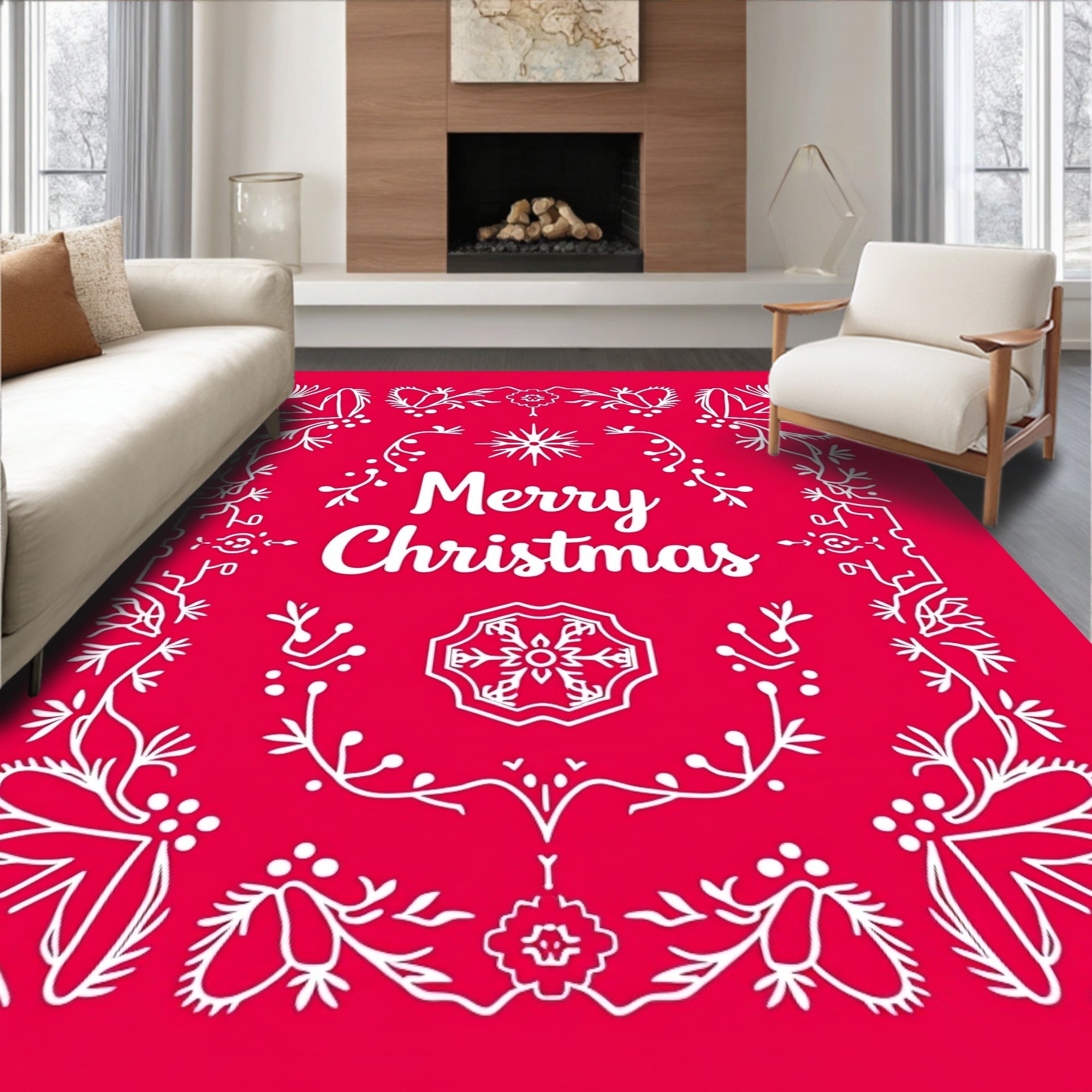 Crimson Holiday Floral Snowflake Garland Rug