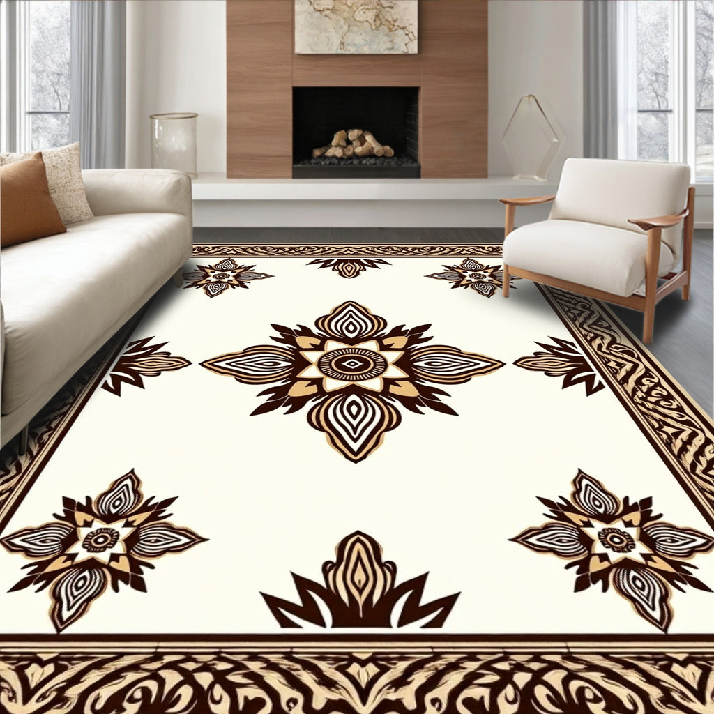 Cream Brown Floral Medallion Border Rug