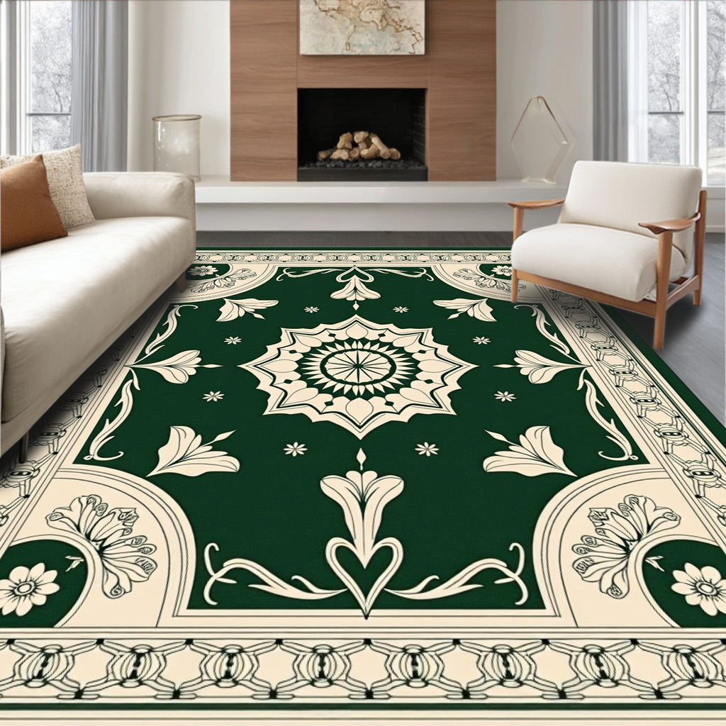 Emerald Cream Medallion Floral Border Rug
