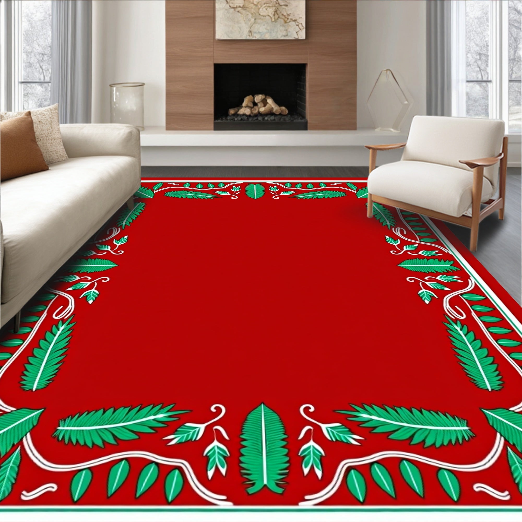 Bold Red Tropical Leaf Border Rug