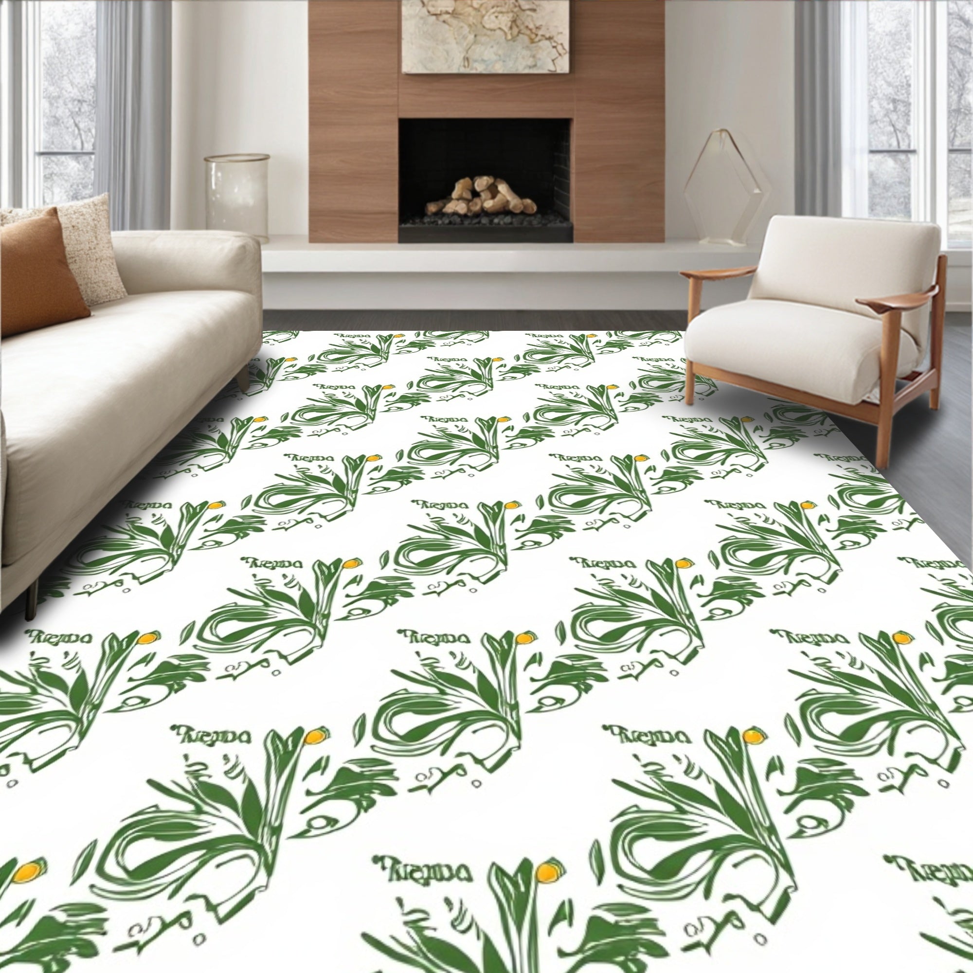 Green Leafy Swirls with Orange Accents Rug