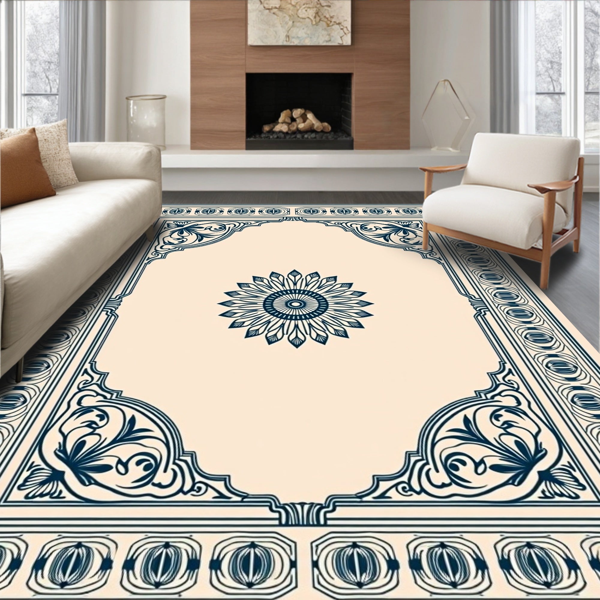 Deep Blue Floral Arch Medallion Rug