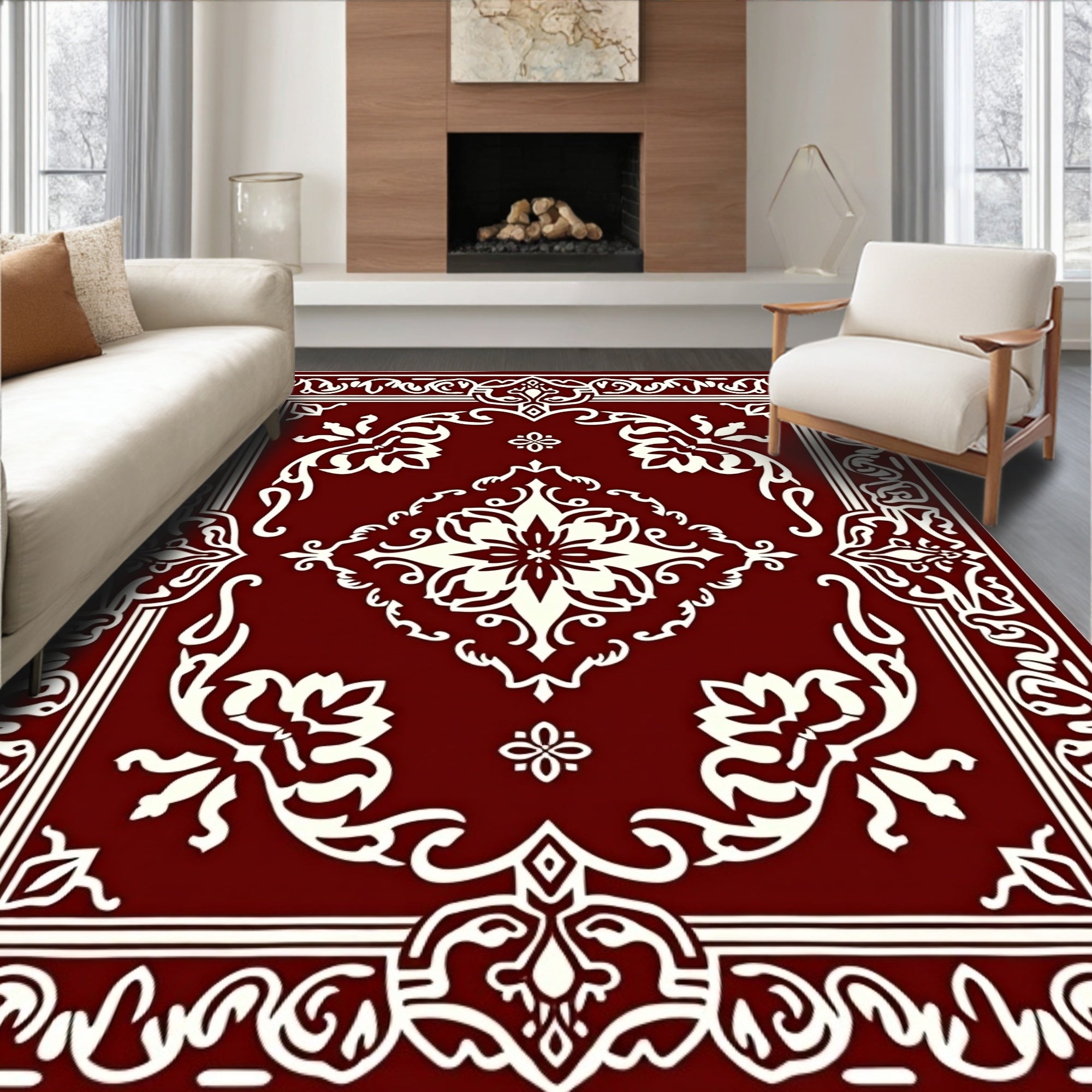 Rich Burgundy Ornate Floral Square Rug