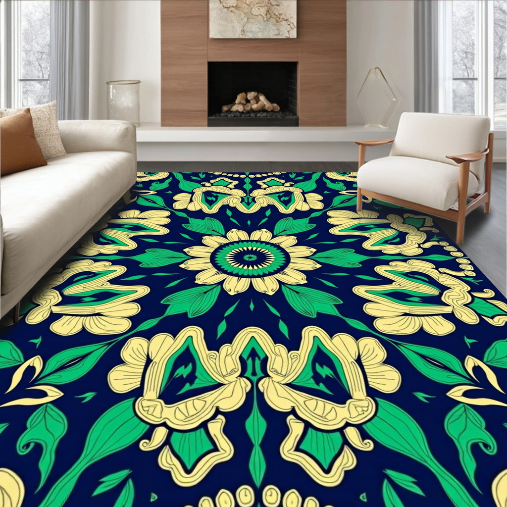 Royal Blue Floral Swirl Contemporary Rug