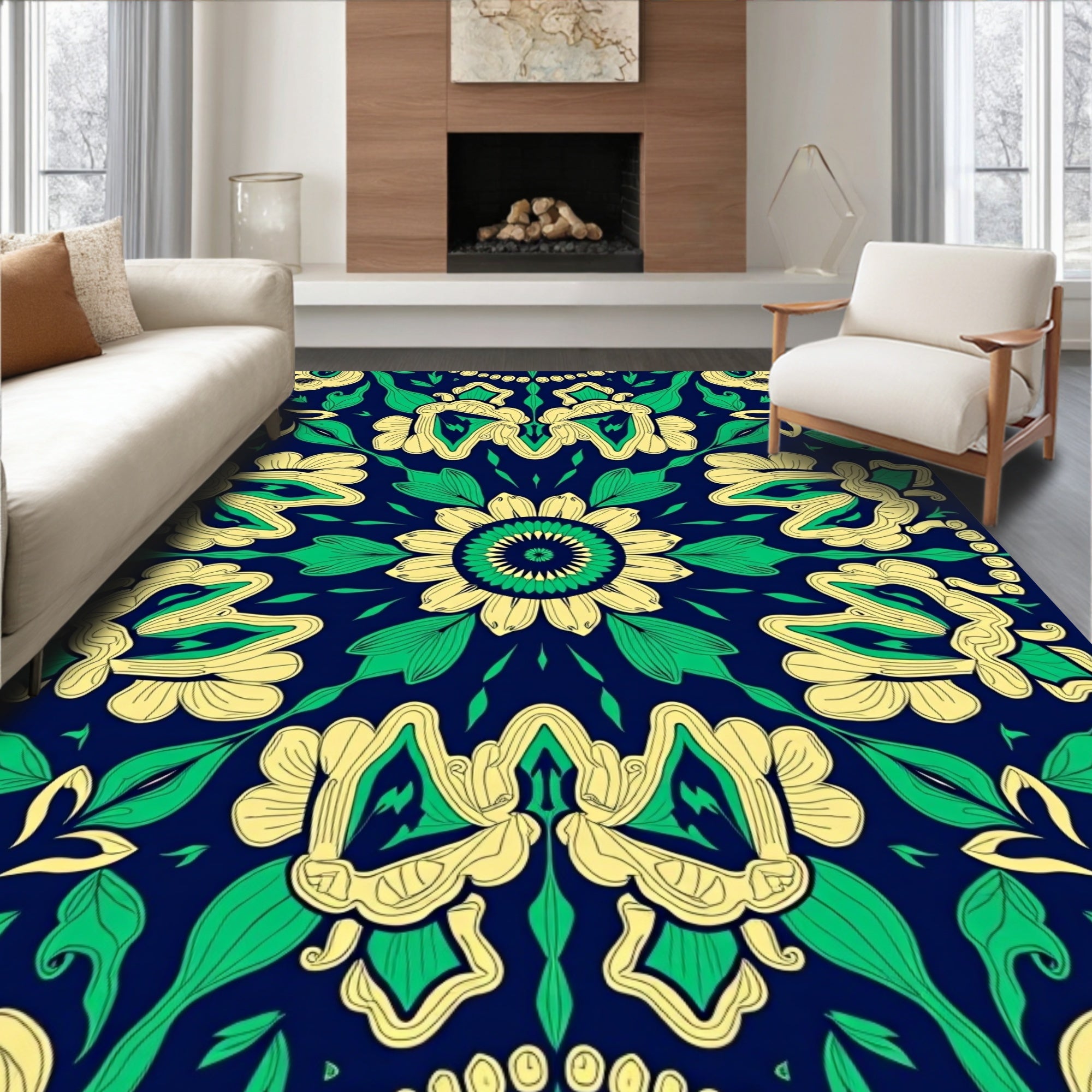 Royal Blue Floral Swirl Contemporary Rug