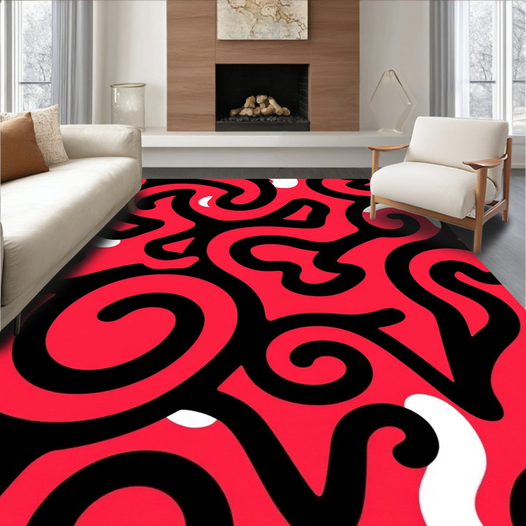 Vibrant Crimson Swirl Organic Flow Rug