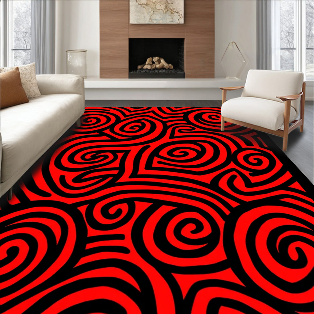 Bold Red Black Swirl Abstract Rug