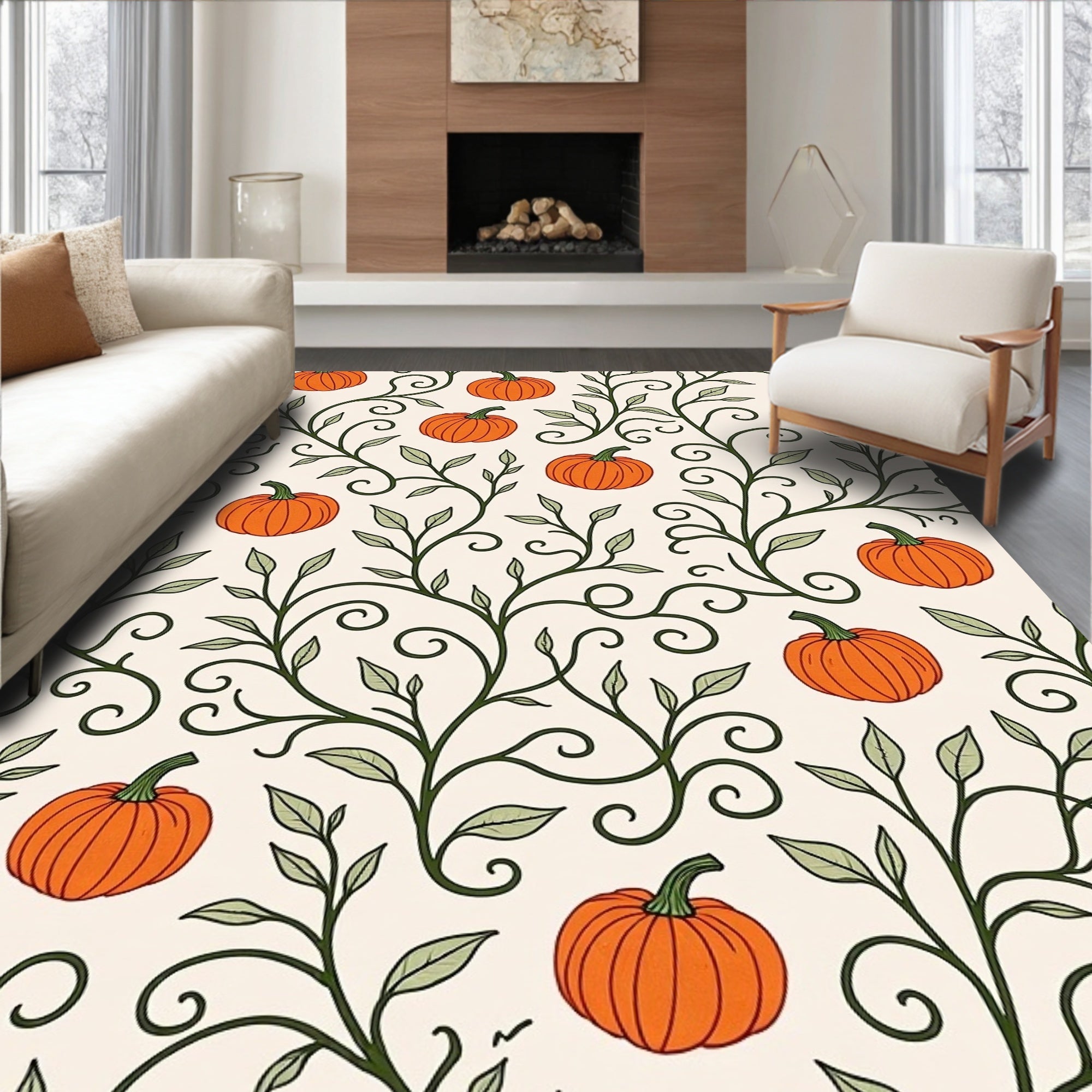 Autumn Orange Pumpkin Vine Swirls Rug