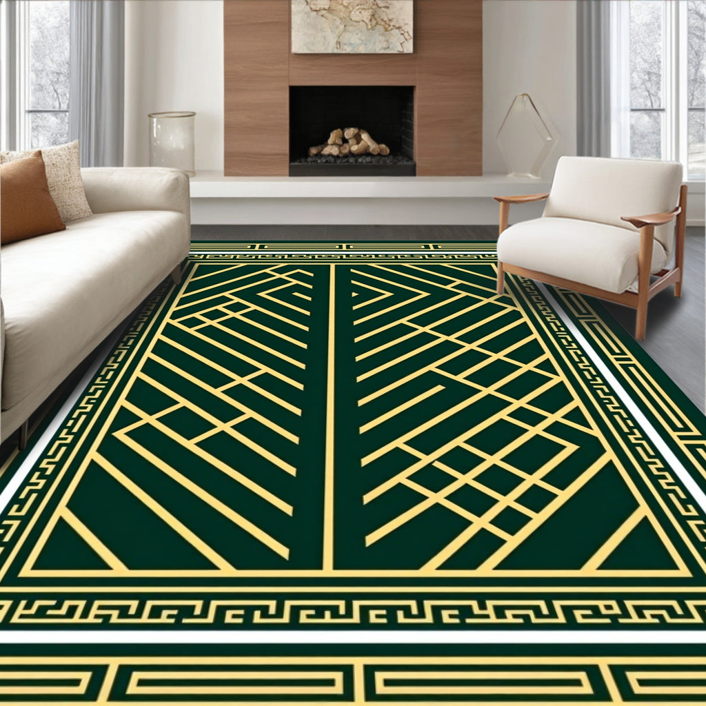Dark Green Gold Geometric Art Deco Rug