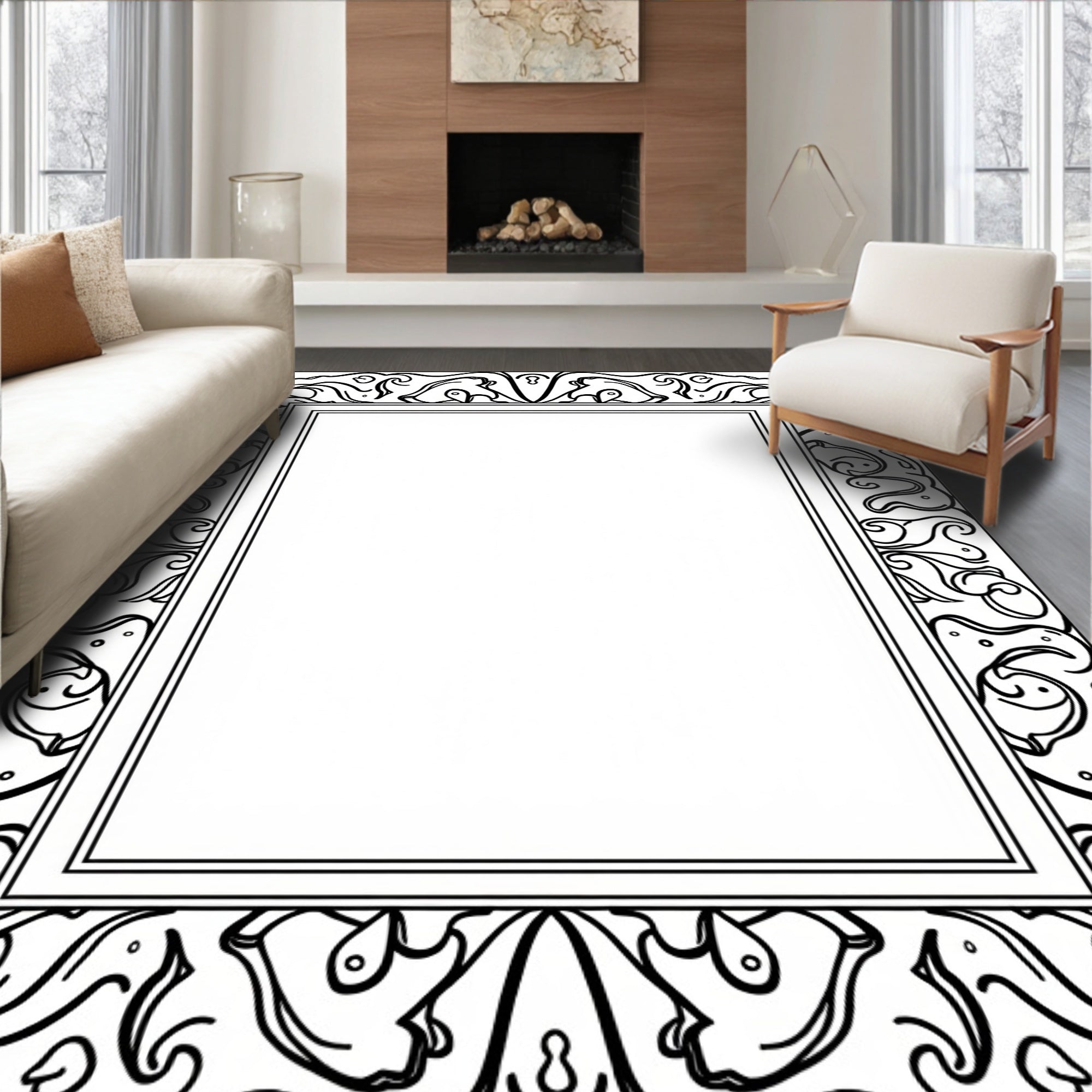 Black White Art Nouveau Scroll Border Rug
