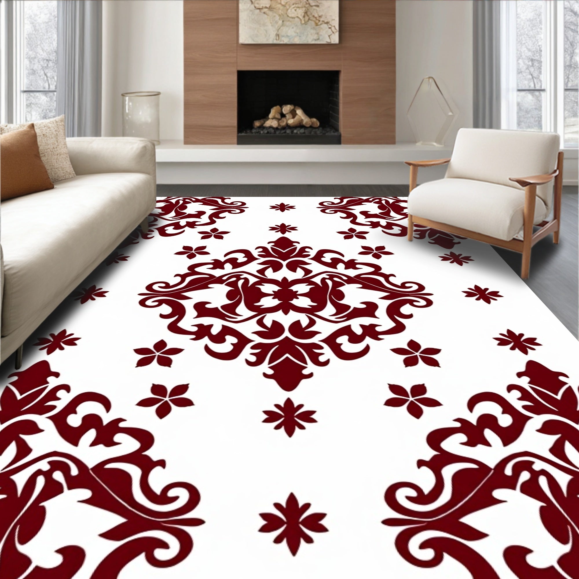 Deep Red Scrollwork Floral Medallion Arrangement Rug