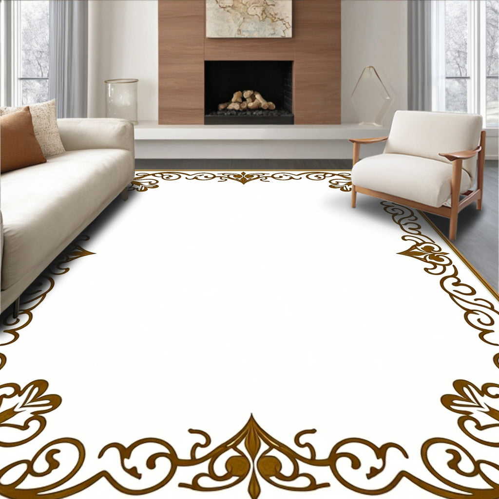 Ornate Brown Scrollwork Floral Frame Rug