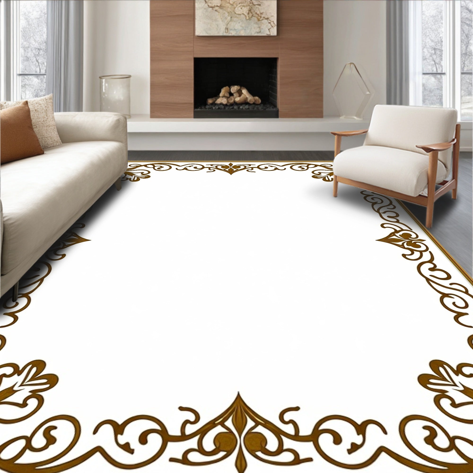 Ornate Brown Scrollwork Floral Frame Rug