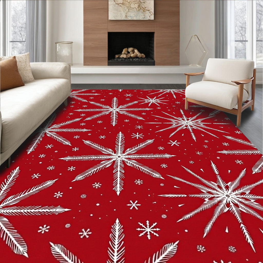 Vibrant Red White Snowflake Medley Rug